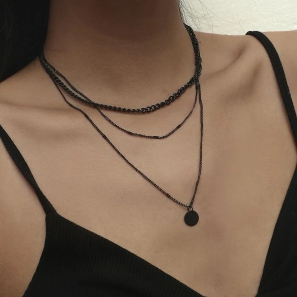 Jewelry - Layered Black Chain Necklace Set – Minimalist Goth Style with Round Pendant